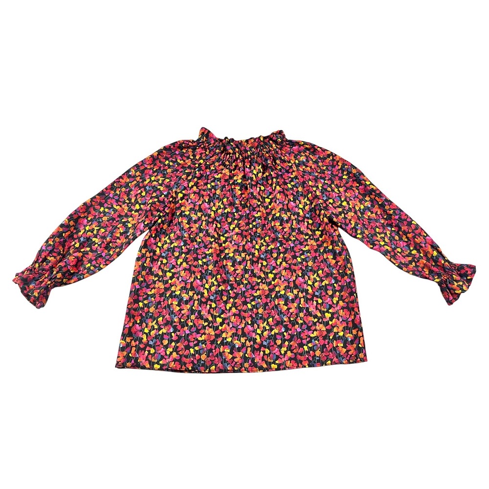 Ann Mashburn Womens 100% Wool Floral Ruffle Neck Blouse Pink Orange Black Size M